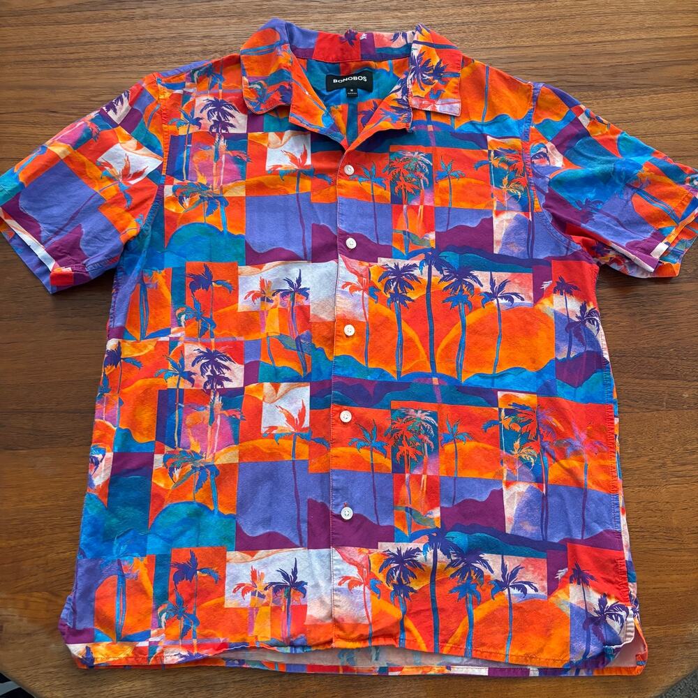 Bonobos Men's Red Blue Palm Tree Print Short Sleeve Button Down Shirt Size M